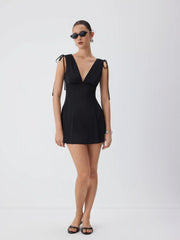 Satin V-neck Drawstring A-line Mini Dress