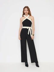 Two Tone Halter Neckline Wide Leg Jumpsuit With Belt