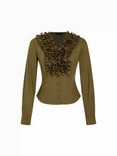 Cotton-blend V-neck Long Sleeve Ruffled Blouse