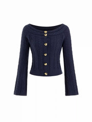 Multi-way Cable Knit Boat Neck Metal Detail Cardigan