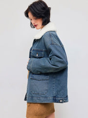 Denim Oversized Quilted Jacket With Faux Shearling Collar