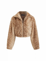 Faux Fur Deer Print High Neck Zip Through Jacket