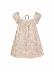 Floral Embroidery Puff Sleeve Tie Back Oversized Babydoll Mini Dress