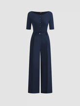 Boat Neck Button Mid-length Sleeve Jumpsuit