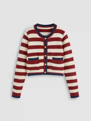 Knit Round Neck Striped Contrasting Binding Pocket Cropped Cardigan