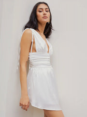 Solid Satin Ruched Mini Dress