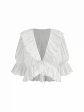 Cotton V-neck Middle Lantern Sleeve Ruffled Oversized Blouse