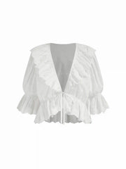 Cotton V-neck Middle Lantern Sleeve Ruffled Oversized Blouse