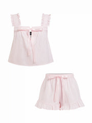 Textured Ruffle Sleeve Stripe Bowknot Top & Mid Rise Micro Shorts Set