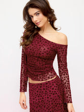 Mesh Flocking Heart Asymmetrical Neck Long Sleeve Top