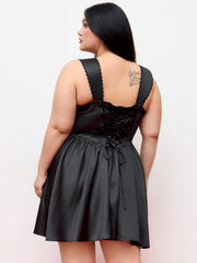 Satin Sweetheart Ruched Lace Up Tank Mini Dress Curve & Plus