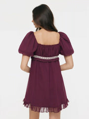 Chiffon Square Neck Ruffled Puff Sleeve Oversized Babydoll Mini Dress