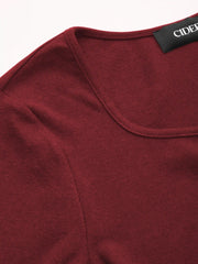 Thermal Cotton-blend Square Neck Solid Thumb Hole Long Sleeve Tee