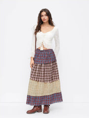 Cotton-blend Mid Rise Checks Colorblock Patched Tiered Maxi Skirt
