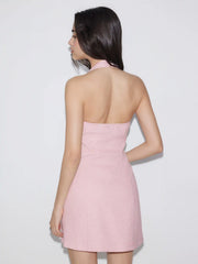 Halter Neck Rhinestone Button A-line Mini Dress
