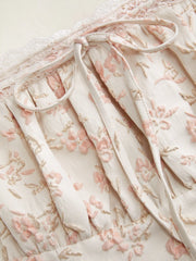 Floral Jacquard Square Neck Bowknot Shirred Tank Blouse Curve & Plus