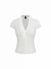 Cotton-blend Broderie Anglaise V-neck Ruffled Short Sleeve Blouse