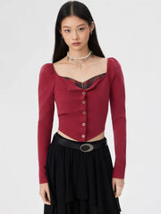 Cotton-blend Sweetheart Neck Plaid Puff Sleeve Button Front Top