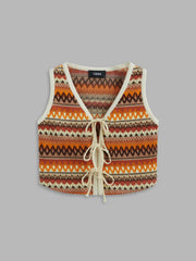 V-neck Striped Tie Front Knotted Oversized Crop Vest