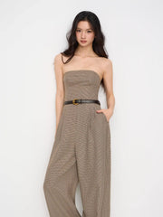 Houndstooth Shirred Wide Leg Bandeau Jumpsuit With Belt