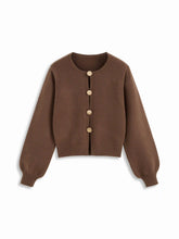 Knit Round Neckline Lantern Long Sleeve Metal Button Sweater