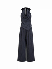 Striped Cowl Neck Tie Back Wide Leg Jumpsuit