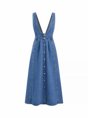 Washed Denim Pinafore Maxi Dress With Metal Detail