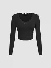 V-neck Solid Bowknot Lace Ruched Long Sleeve Crop Top