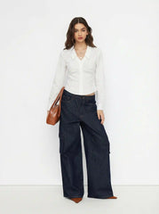 Cotton-blend Collar Cinched Waist Long Sleeve Shirt