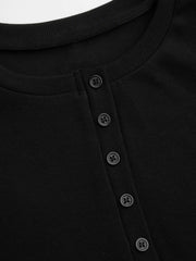 Cotton-blend Round Neckline Solid Button Short Sleeve Top