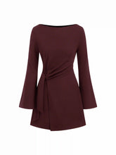 Boat Neck Bell Sleeve Tie Side Ruched Mini Dress