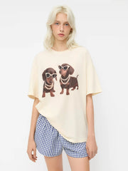 Cotton-blend Dachshund Puppies Graphic Oversized Tee