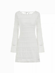 Lace Boat Neck Knotted Backless Bell Sleeve Mini Dress