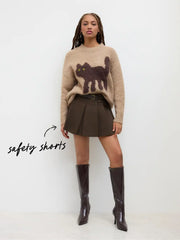 Mid Waist Solid Pleated Skort with Belt