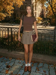 Jacquard Low Rise Houndstooth Pleated Mini Skort With Button Detail