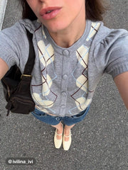 Knit Argyle Heart Pattern Button Short Sleeve Cardigan
