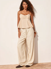 Sweetheart Drawstring Cami Top and Striped Wide-Leg Pants Set