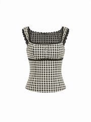 Gingham Square Neck Contrasting Lace Blouse