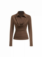 Collar Long Sleeve Button Front Ruched Tee