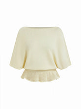 Knit Boat Neck Batwing Sleeve Ruffled Top
