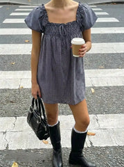 Cotton-blend Gingham Shirred High Rise Mini Dress