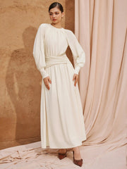 Mid Rise Ruched Wrap Waist Long Sleeve Maxi Dress