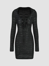 Knit Solid Collar Knotted Hollow Out Mini Dress