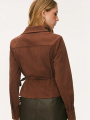 Corduroy Collar Long Sleeve Side Tie Knotted Blouse