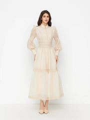 Chiffon High Neck Contrasting Lace Cinched Waist A-line Maxi Dress