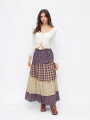 Cotton-blend Mid Rise Checks Colorblock Patched Tiered Maxi Skirt