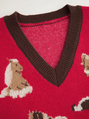 Knit Horse Graphic V-Neck Contrasting Binding Cropped Vest