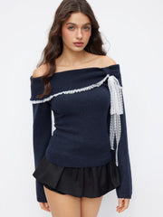 Knit Wool-blend Off-shoulder Lace Trim Long Sleeve Top