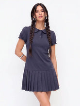 Cotton-blend Polo Peter Pan Collar Puff Sleeve Ruffled Pleated Shirt Mini Dress