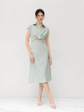 Cotton-blend Collar Striped Split Midi Shirt Dress